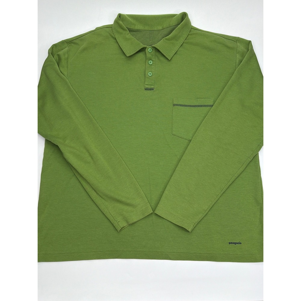 Patagonia Mens XL Long Sleeve Polo Shirt Green Organic‎ Cotton Pique Pocket Logo